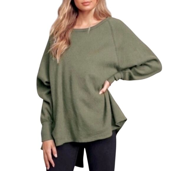 Free People Sz S Olive Green Waffle Knit Thermal Top Oversized Split Back Cozy - Picture 2 of 16